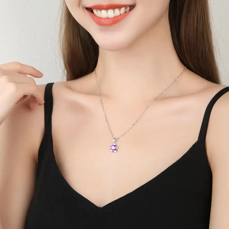 Plum Blossom Pendant Necklace with White Diamond Flower Design