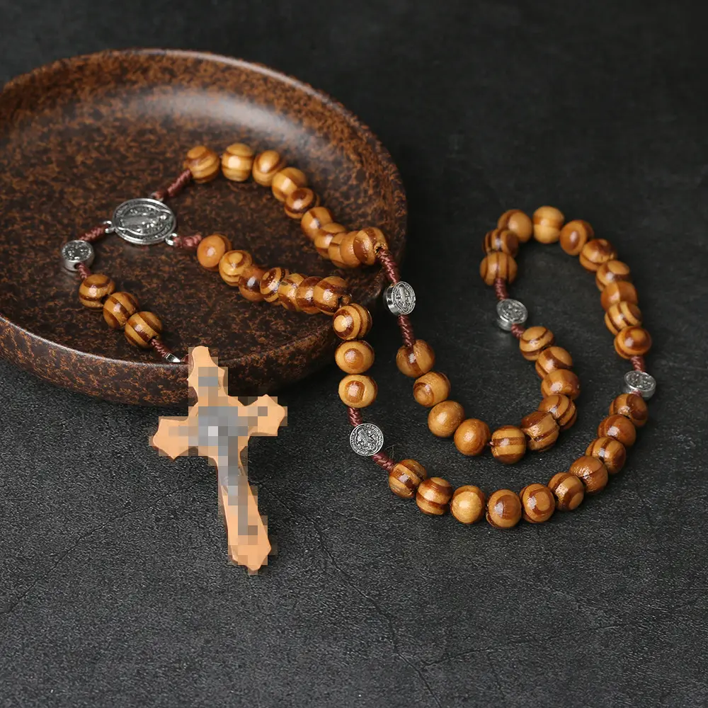 Natural Wood Cross Rosary Necklace 10mm Catholic Jewelry