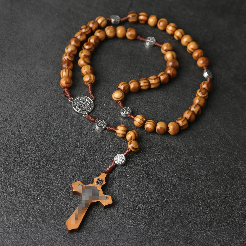 Natural Wood Cross Rosary Necklace 10mm Catholic Jewelry