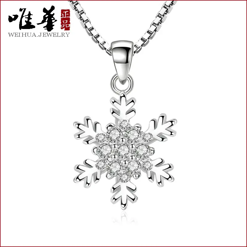 Silver Snowflake Pendant Necklace with Zircon Inlay