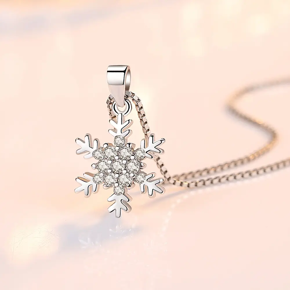 Silver Snowflake Pendant Necklace with Zircon Inlay