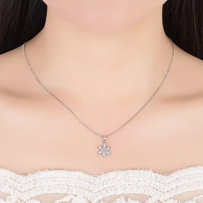 Silver Snowflake Pendant Necklace with Zircon Inlay
