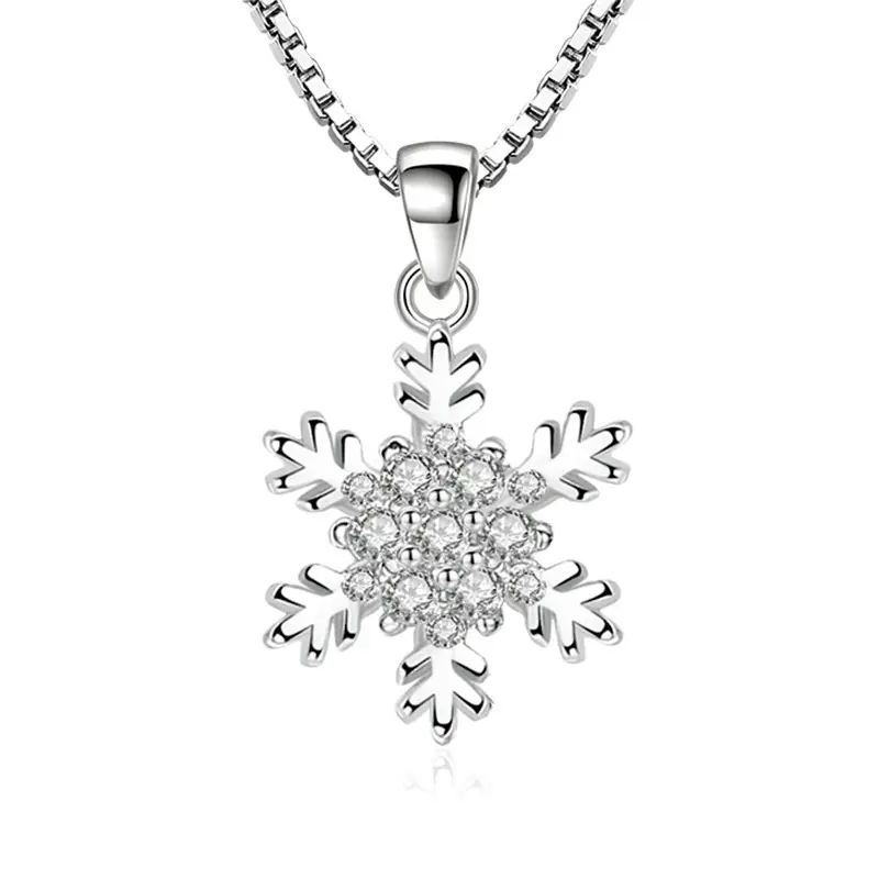 Silver Snowflake Pendant Necklace with Zircon Inlay