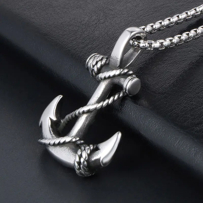 Men Stainless Steel Anchor Necklace with Rope Detail
