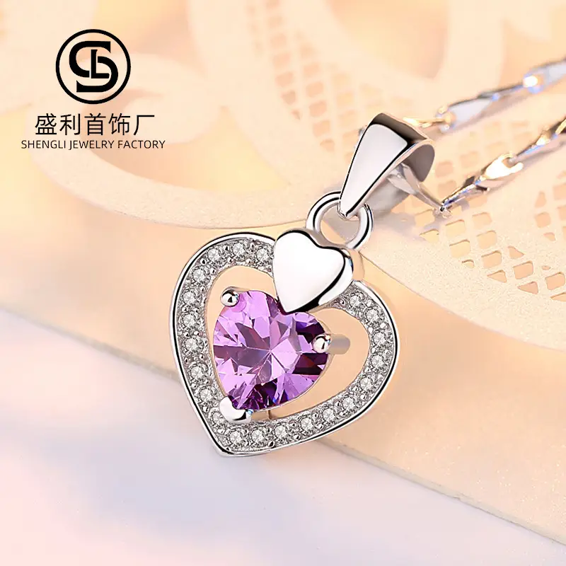 Sterling Silver Heart Pendant Necklace with Purple Crystal and Diamond Accents