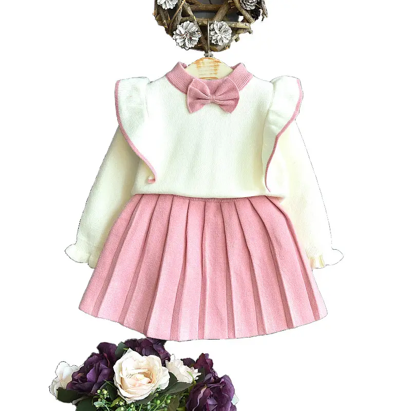 Girls Knitted Sweater Set Pink Pleated Skirt Autumn