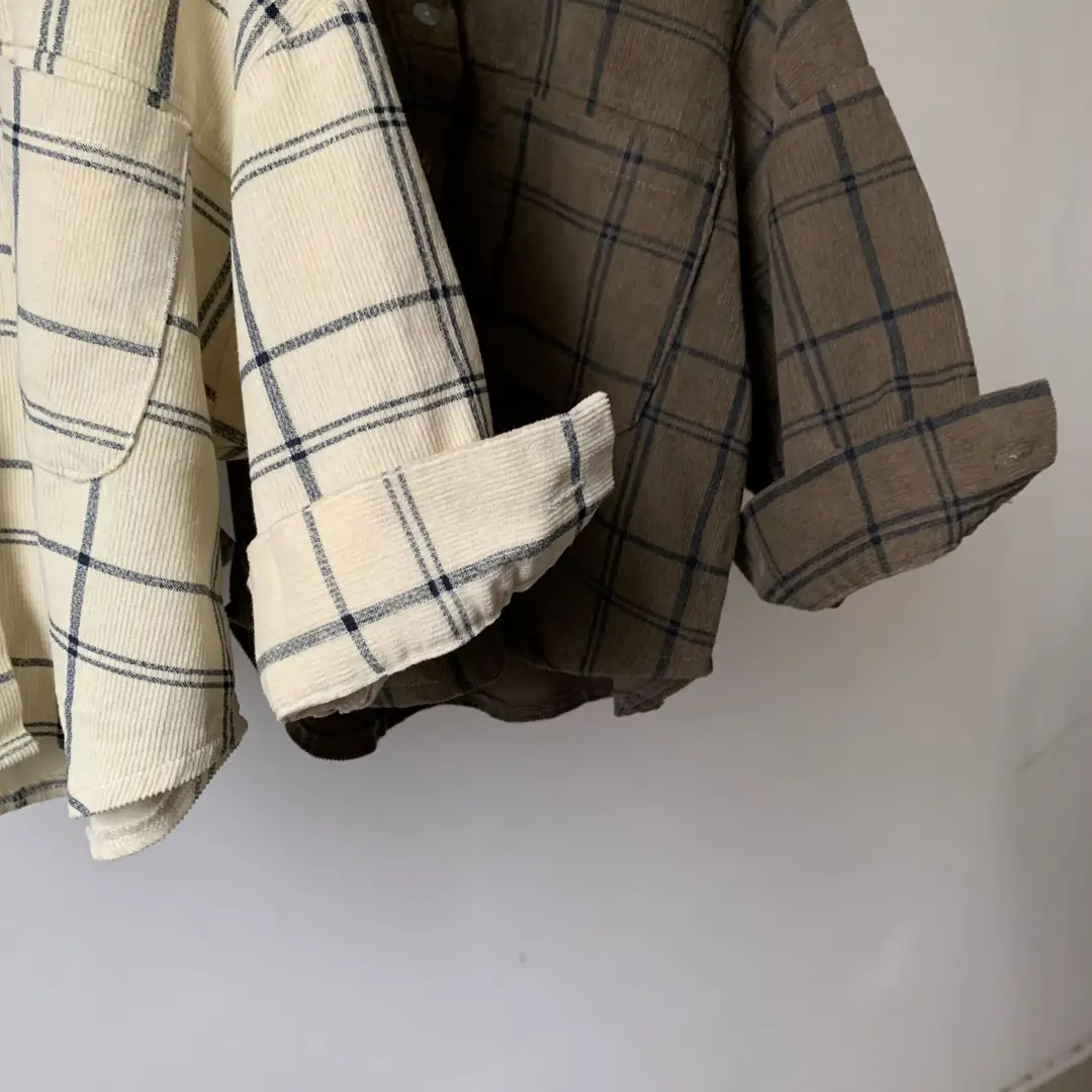 Corduroy Plaid Long Sleeve Shirt Kids 80cm Beige