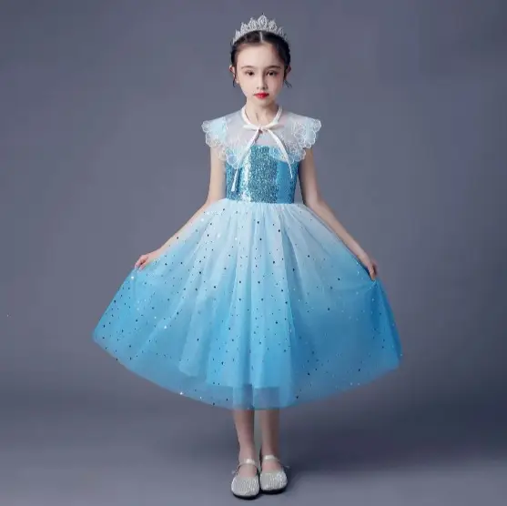 Blue Floral Princess Dress for Girls Summer Formal Wear