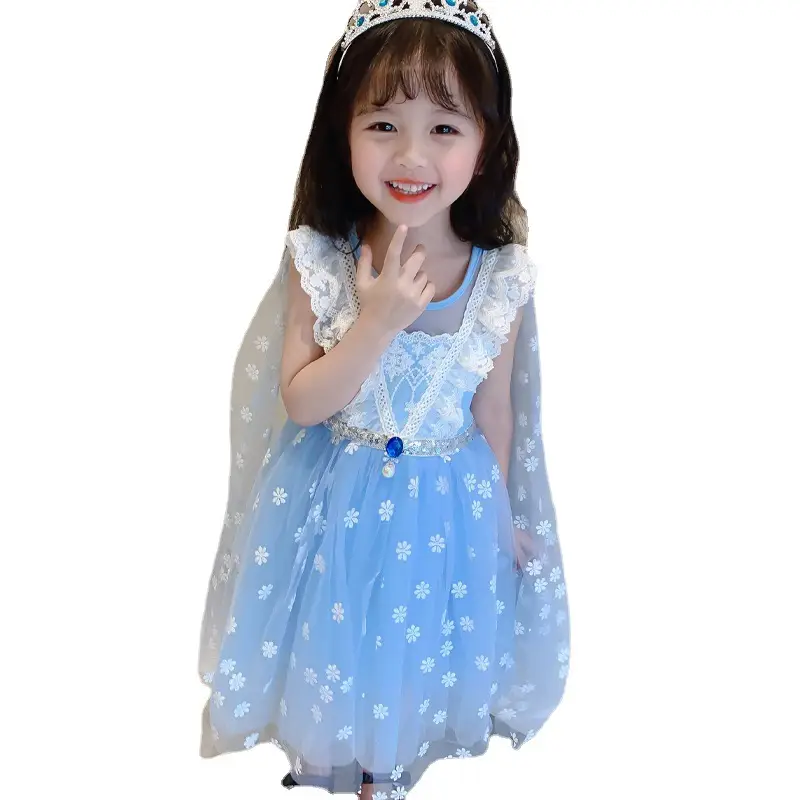 Blue Floral Princess Dress for Girls Summer Formal Wear