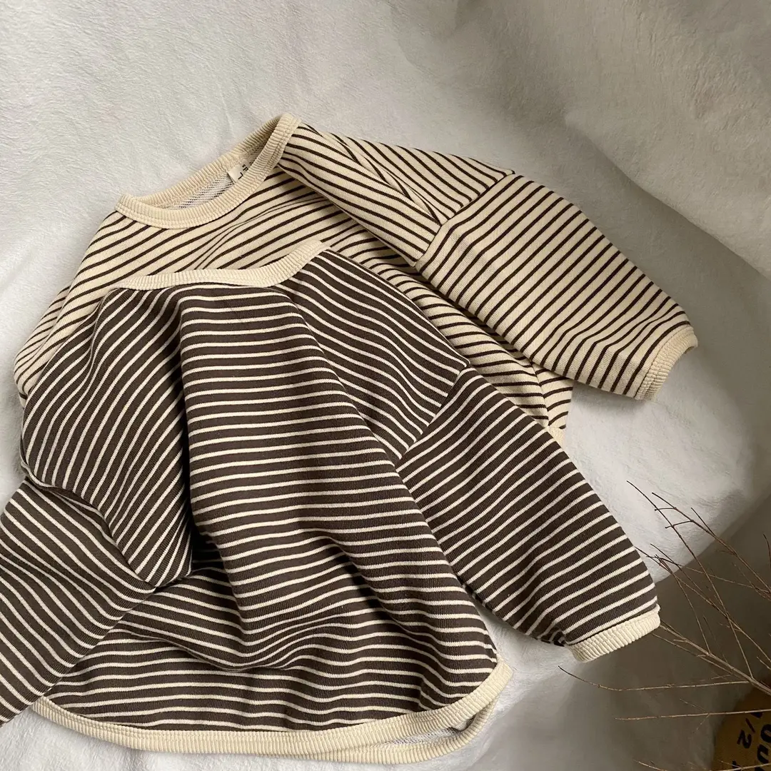 Kids Striped Long Sleeve Sweatshirt Loose Fit Beige Brown
