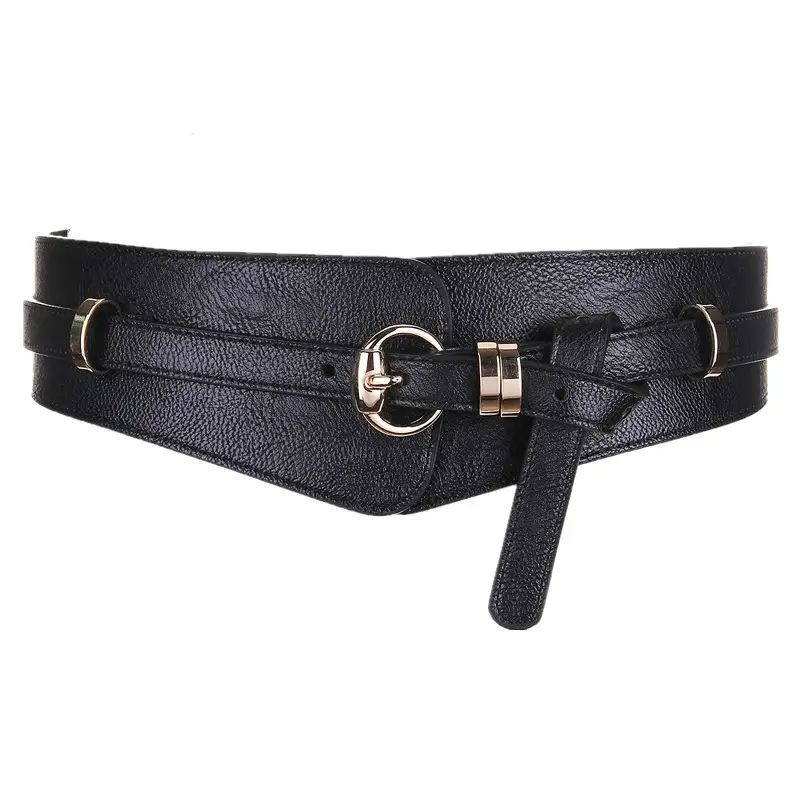 Black Leather Wide Belt with Gold Buckle for Women