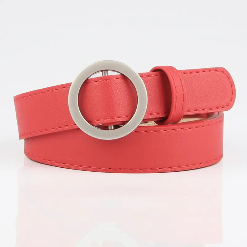 Women Thin Round Buckle Belt Brown Red Black White