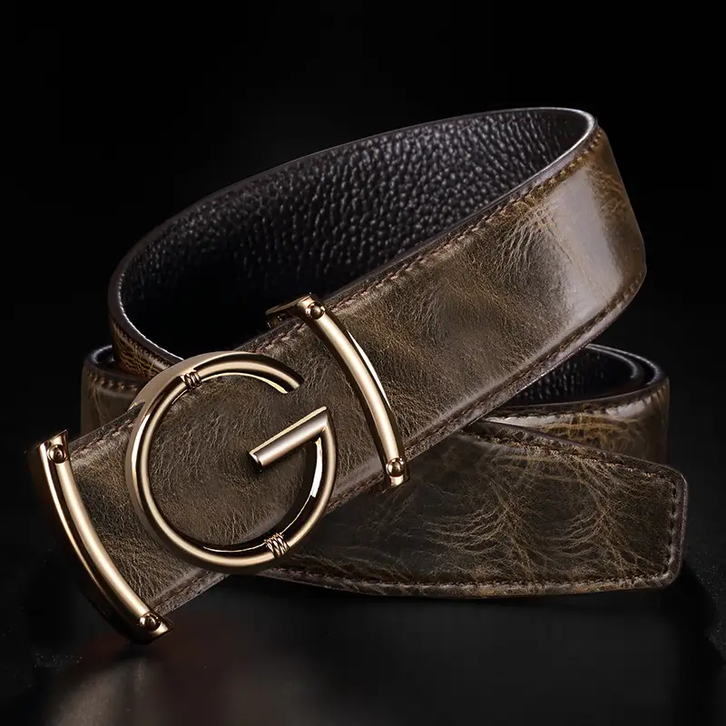 Men Leather Belt Curry Gold Buckle Casual