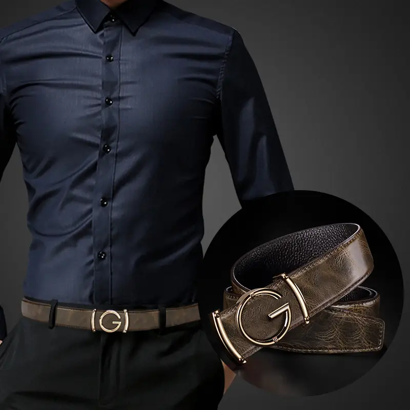 Men Leather Belt Curry Gold Buckle Casual