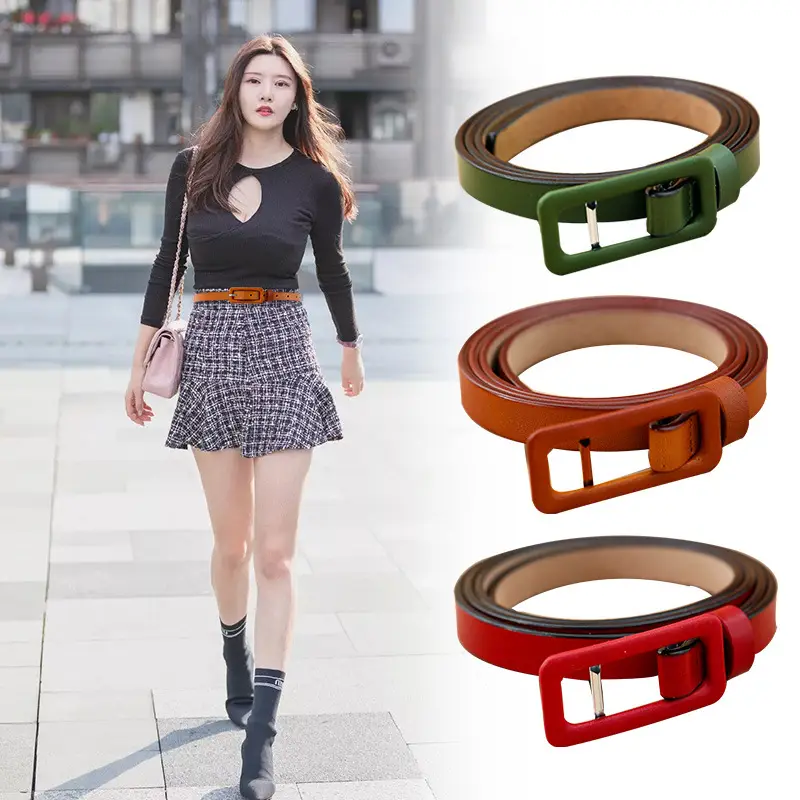 Women Two-layer Cowhide Thin Belt Red Brown Green Multicolor