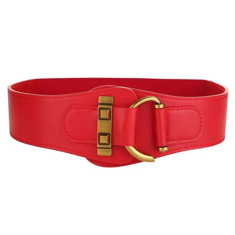 Women Black Leather Wide Belt with Gold Buckle