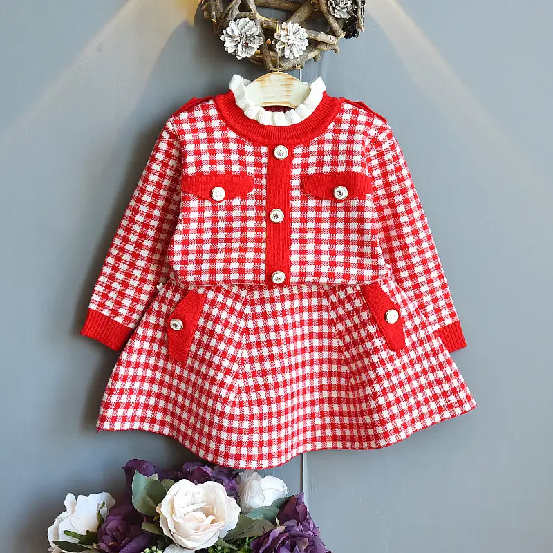 Girls Plaid Knit Two-Piece Dress Autumn Winter