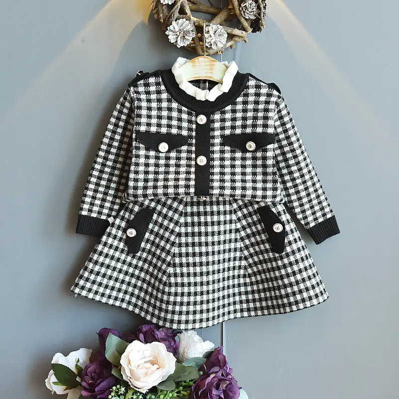 Girls Plaid Knit Two-Piece Dress Autumn Winter