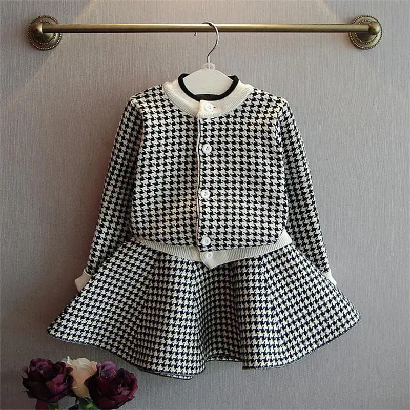 Kids Houndstooth Knit Cardigan Skirt Set Autumn Pink