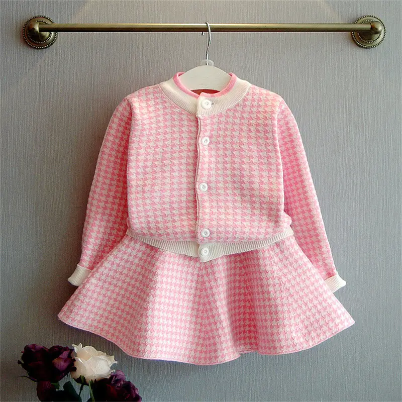Kids Houndstooth Knit Cardigan Skirt Set Autumn Pink
