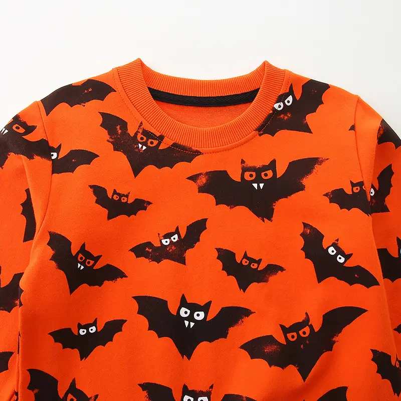 Kids Halloween Bat Print Cotton Sweater Orange Long Sleeve