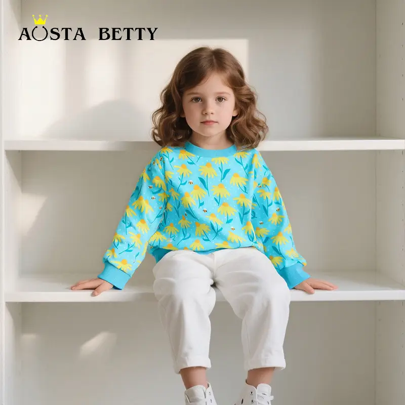 Girls Cotton Flower Printed Long Sleeve Sweater Autumn