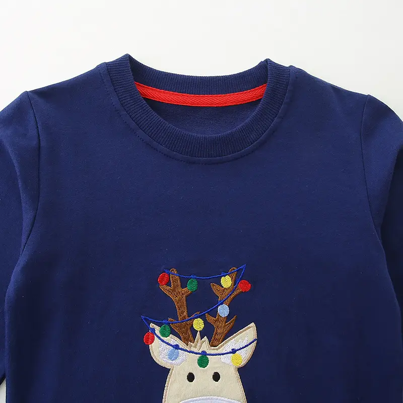 Kids Christmas Embroidered Sweatshirt Blue Long Sleeve