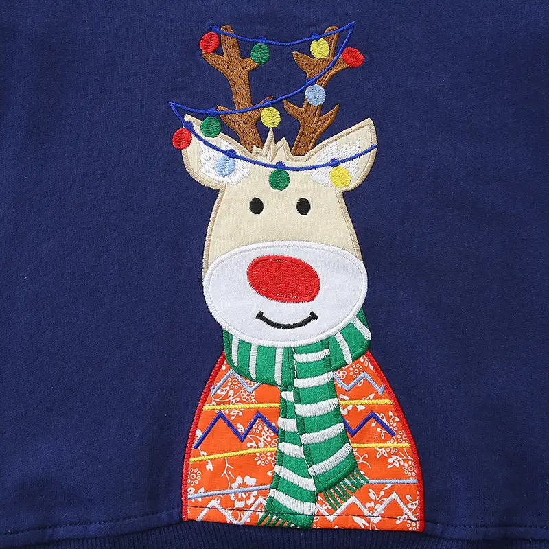 Kids Christmas Embroidered Sweatshirt Blue Long Sleeve