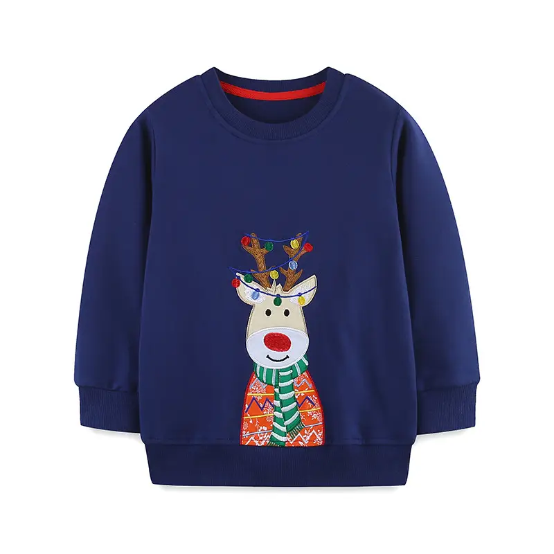 Kids Christmas Embroidered Sweatshirt Blue Long Sleeve