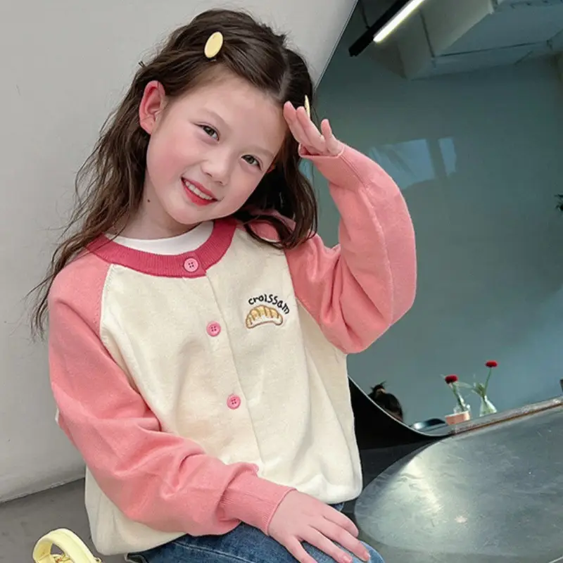 Girls Cardigan Sweater Pink Knitted Contrast Embroidery 90cm