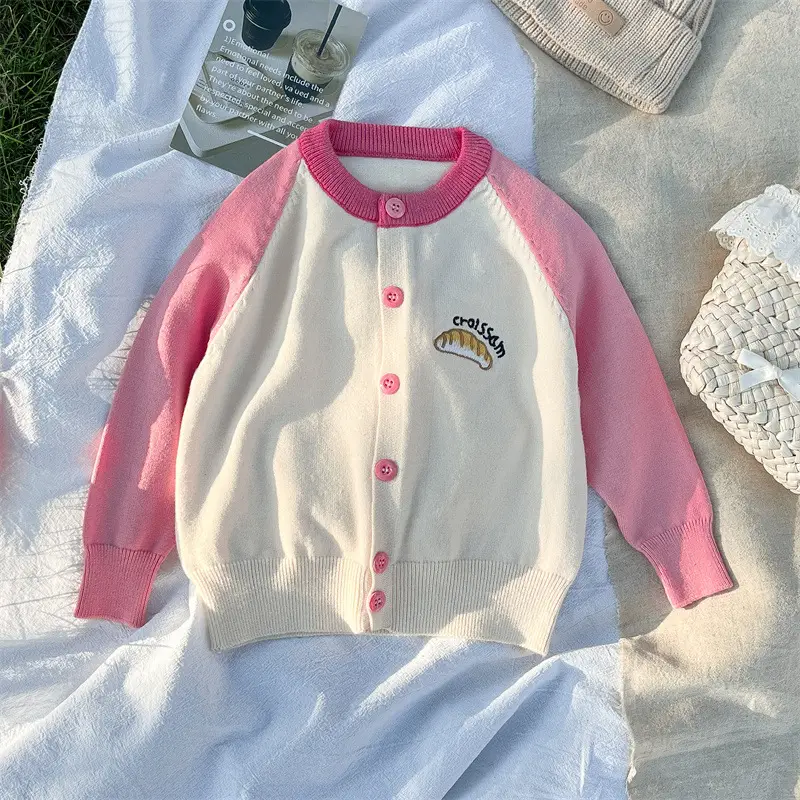 Girls Cardigan Sweater Pink Knitted Contrast Embroidery 90cm