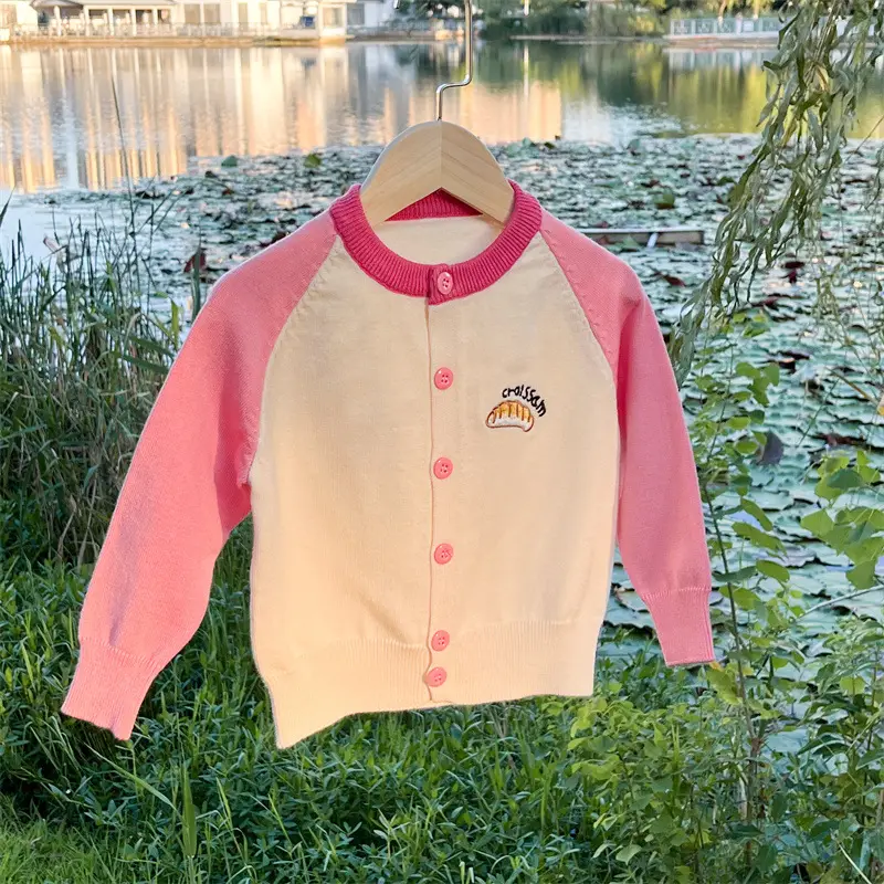 Girls Cardigan Sweater Pink Knitted Contrast Embroidery 90cm