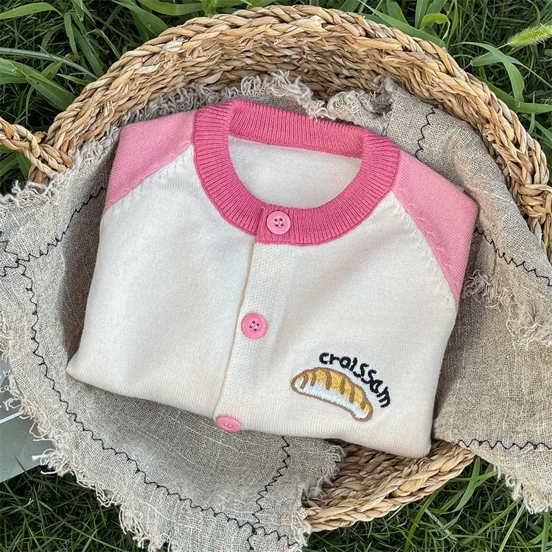 Girls Cardigan Sweater Pink Knitted Contrast Embroidery 90cm