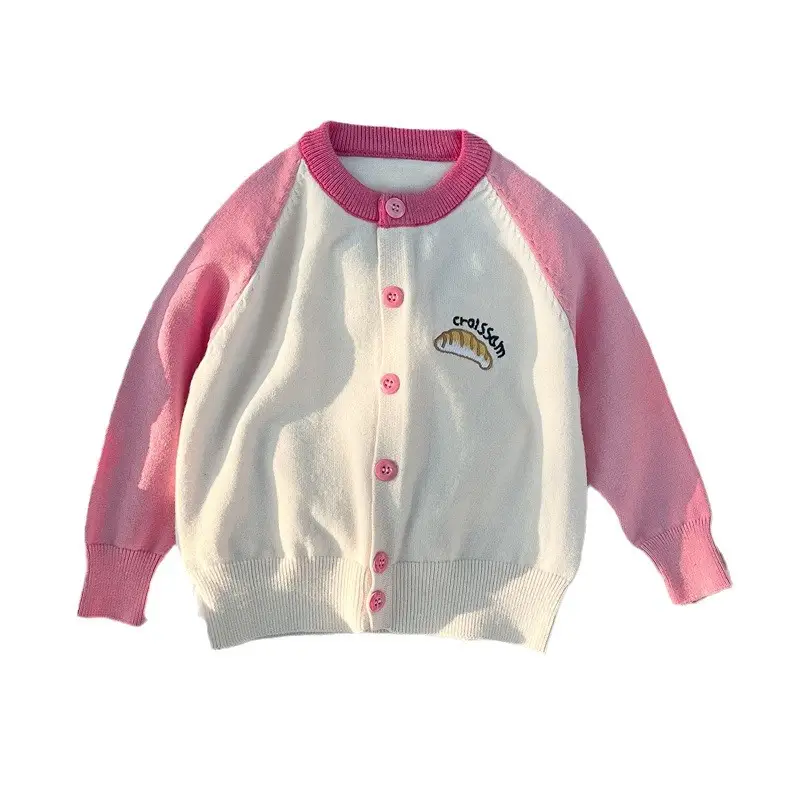 Girls Cardigan Sweater Pink Knitted Contrast Embroidery 90cm