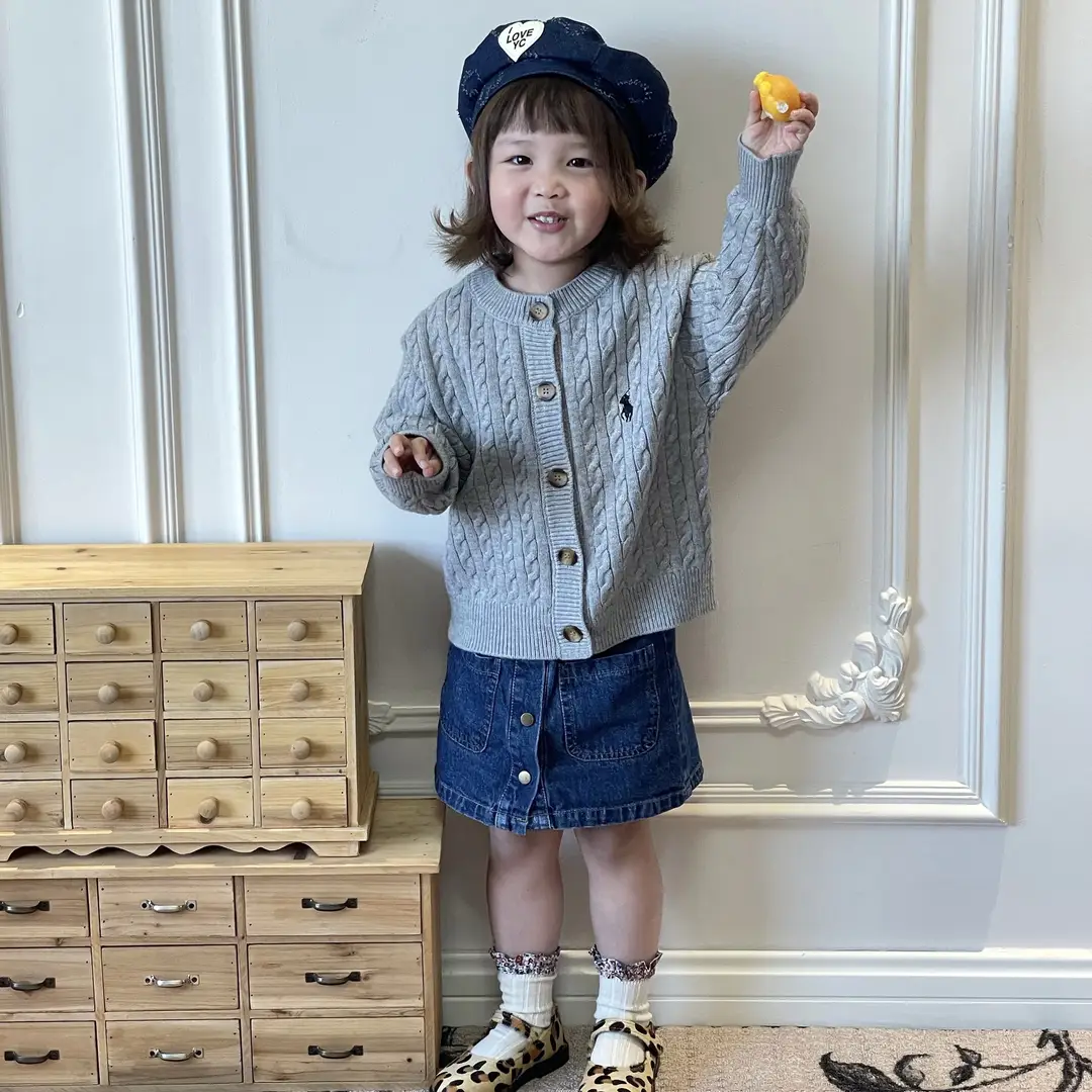 Kids Embroidered Knitted Cardigan Gray Winter Sweater