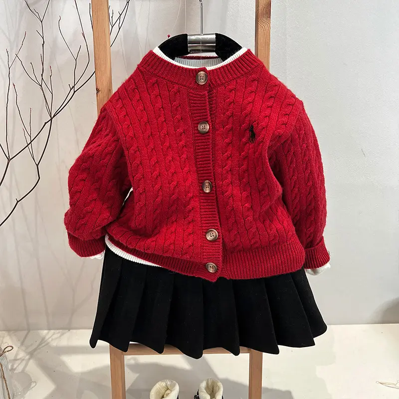 Kids Embroidered Knitted Cardigan Gray Winter Sweater