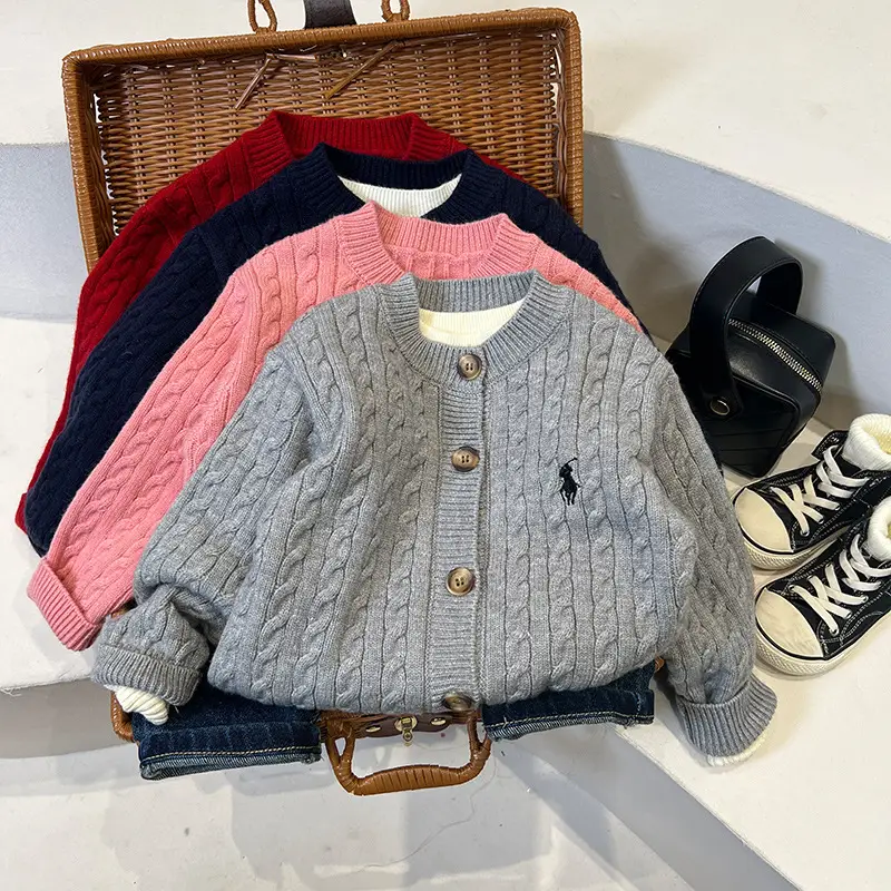 Kids Embroidered Knitted Cardigan Gray Winter Sweater