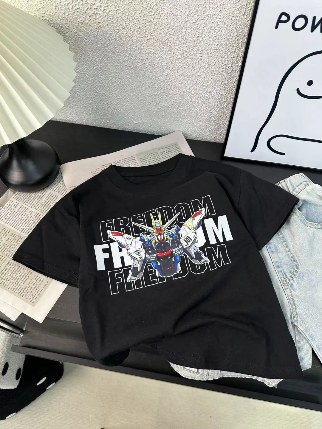 Kids Gundam Robot T-Shirt Summer Short Sleeve White 90cm