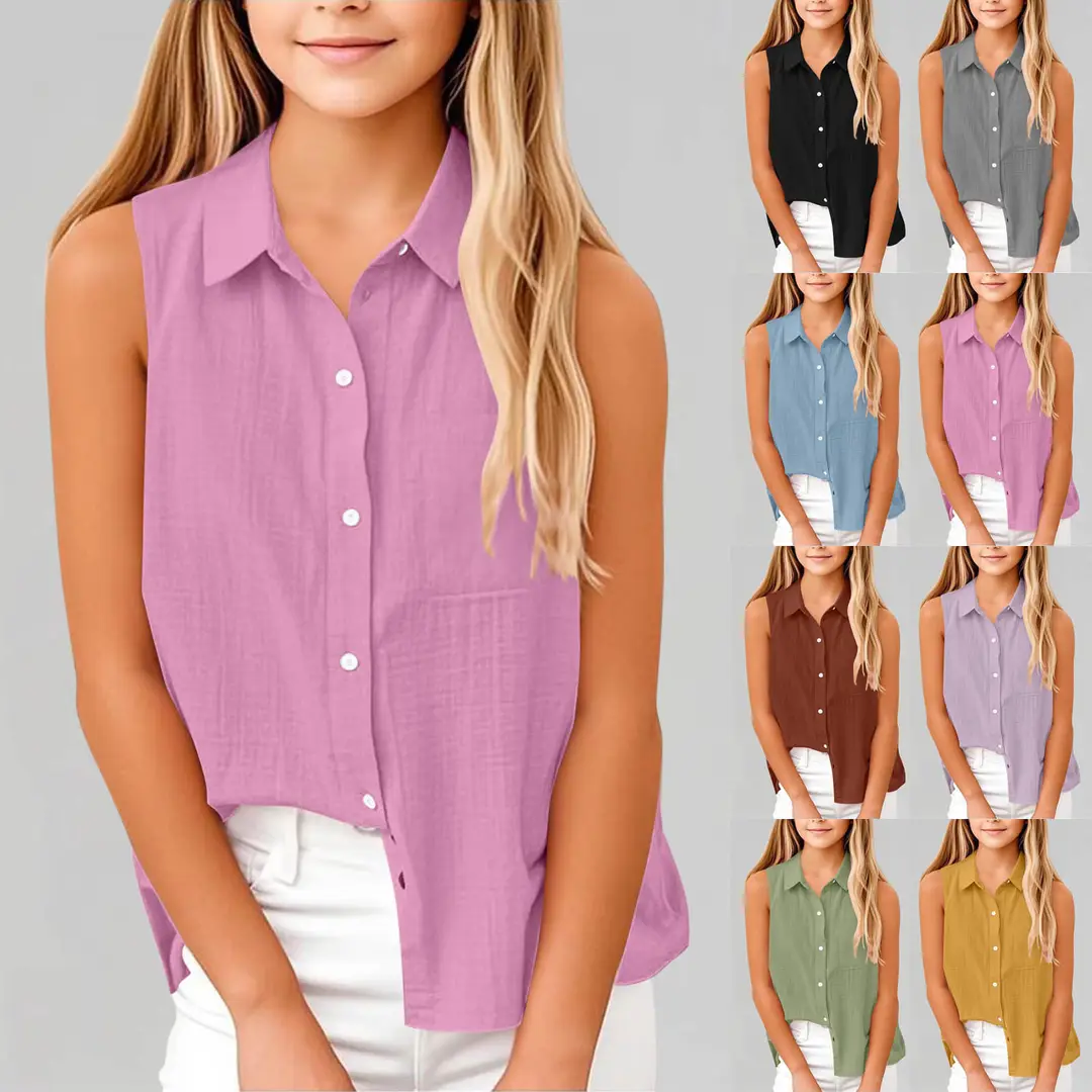 Kids Sleeveless Button Shirt Cotton Linen Summer Multicolor