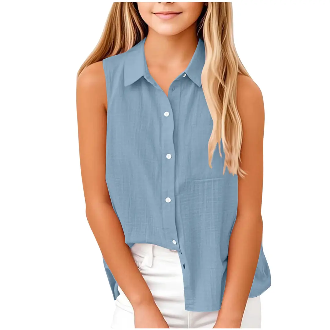 Kids Sleeveless Button Shirt Cotton Linen Summer Multicolor