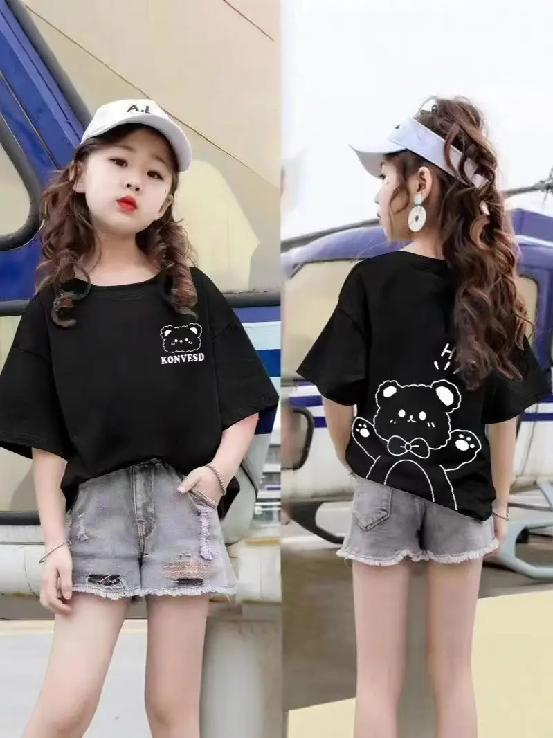 Girls Printed T-Shirt Summer Loose Black White Kids
