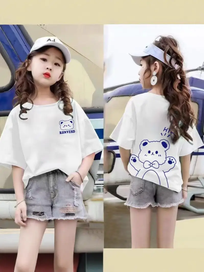 Girls Printed T-Shirt Summer Loose Black White Kids