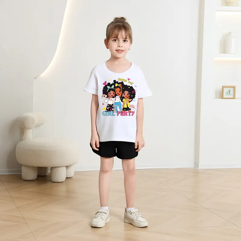 Girls Printed Summer T-Shirt Casual White Black Pink Kids Wear