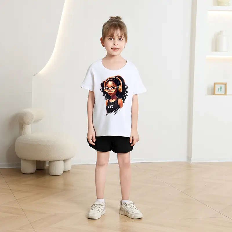 Girls' Graphic Loose T-Shirt Summer Casual White Pink Black