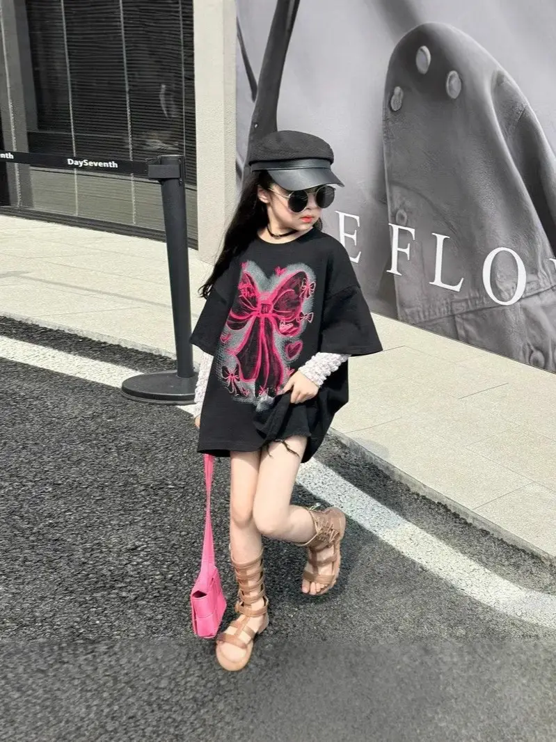 Girls Black Loose T-Shirt Summer Korean Style