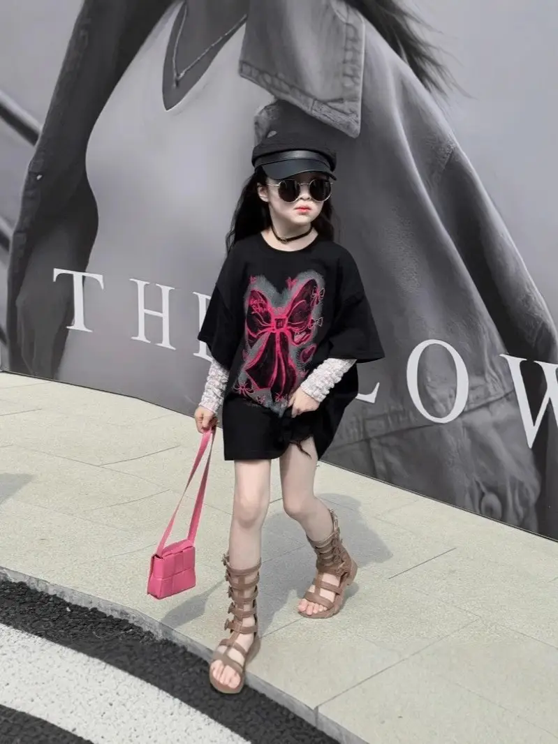 Girls Black Loose T-Shirt Summer Korean Style