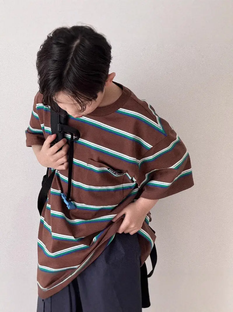 Children Striped T-Shirt Dark Brown Cotton Blend