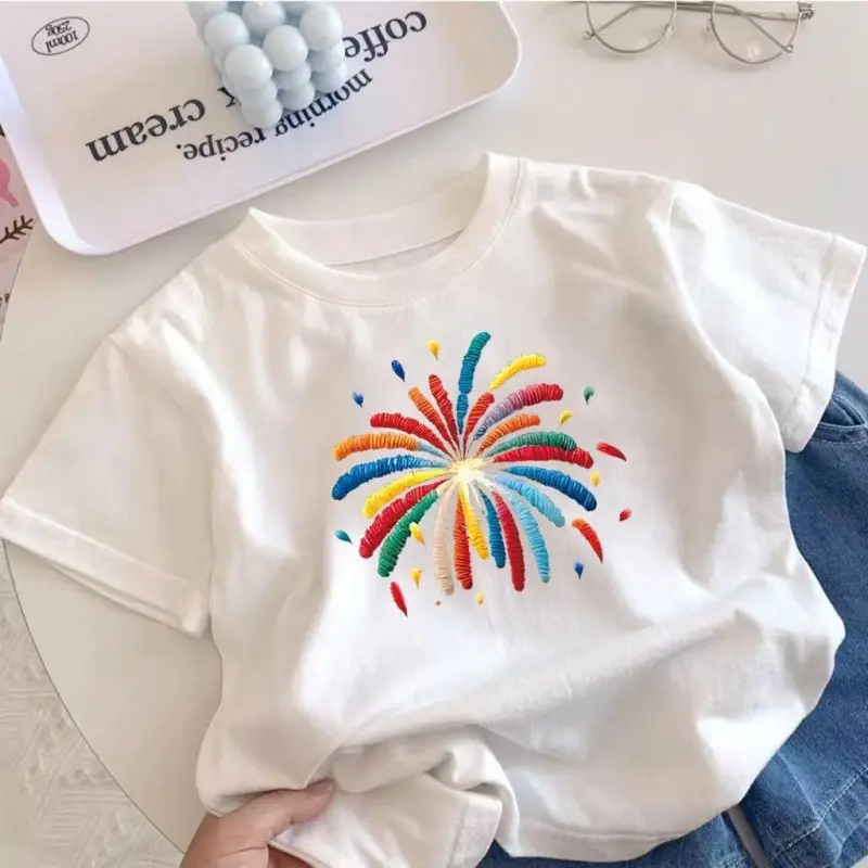 Children's Cotton Fireworks T-Shirt White Summer