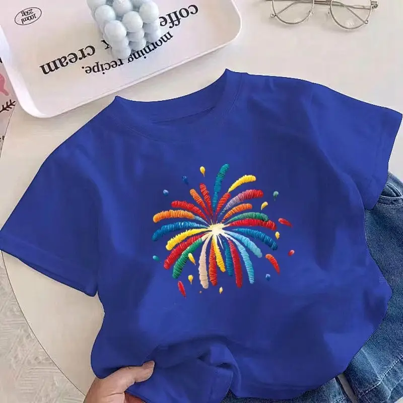 Children's Cotton Fireworks T-Shirt White Summer