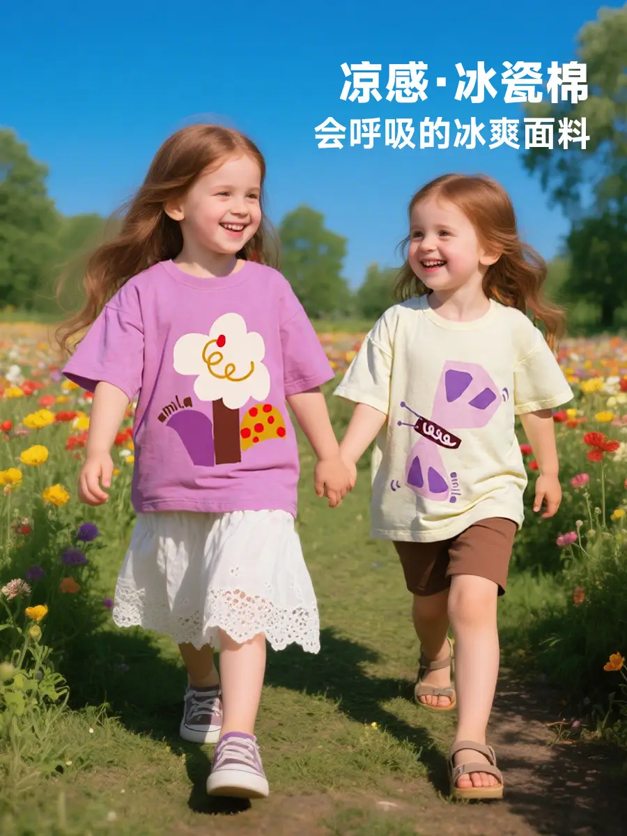 Girls Cool Ice Cotton T-Shirt Summer Cartoon Short Sleeve